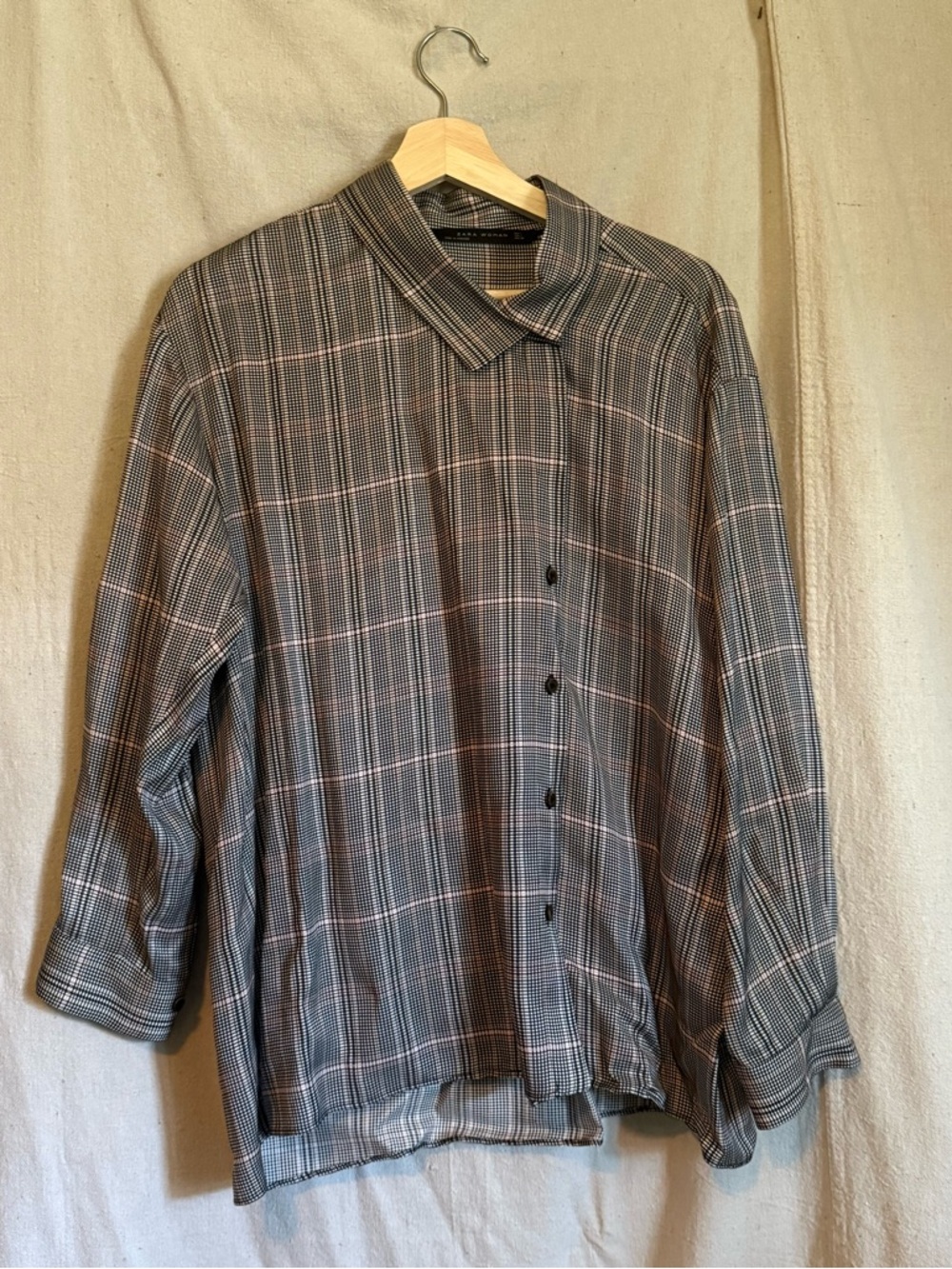 Zara Gray Black Mauve Cream Plaid Long-Sleeve Button Down Blouse